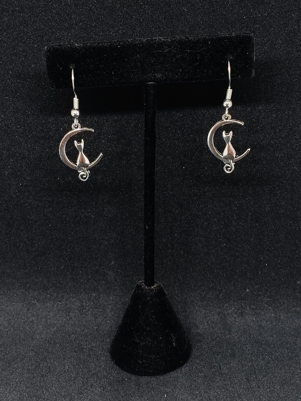 Whimsical Silver Cat & Crescent Moon Dangle Earrings